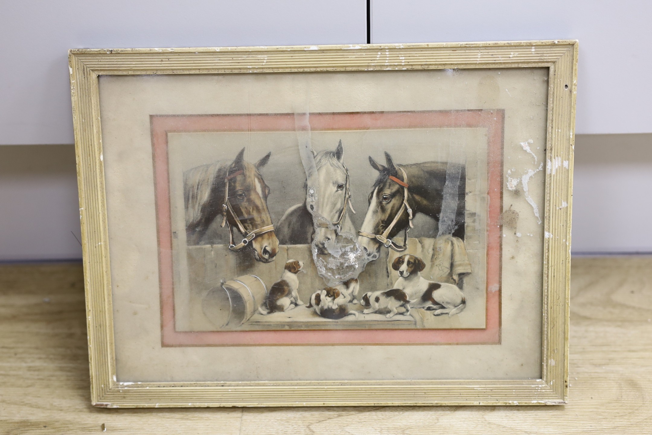 English school, early 20th century, hand coloured lithographed, stable scene depicting hounds amongst horses, 13 x 20cm